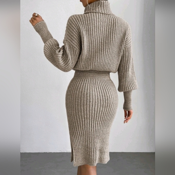 NEW Luxe Ribbed Knit Turtleneck Sweater Dress Long Sleeve Tan Beige - Picture 5 of 8